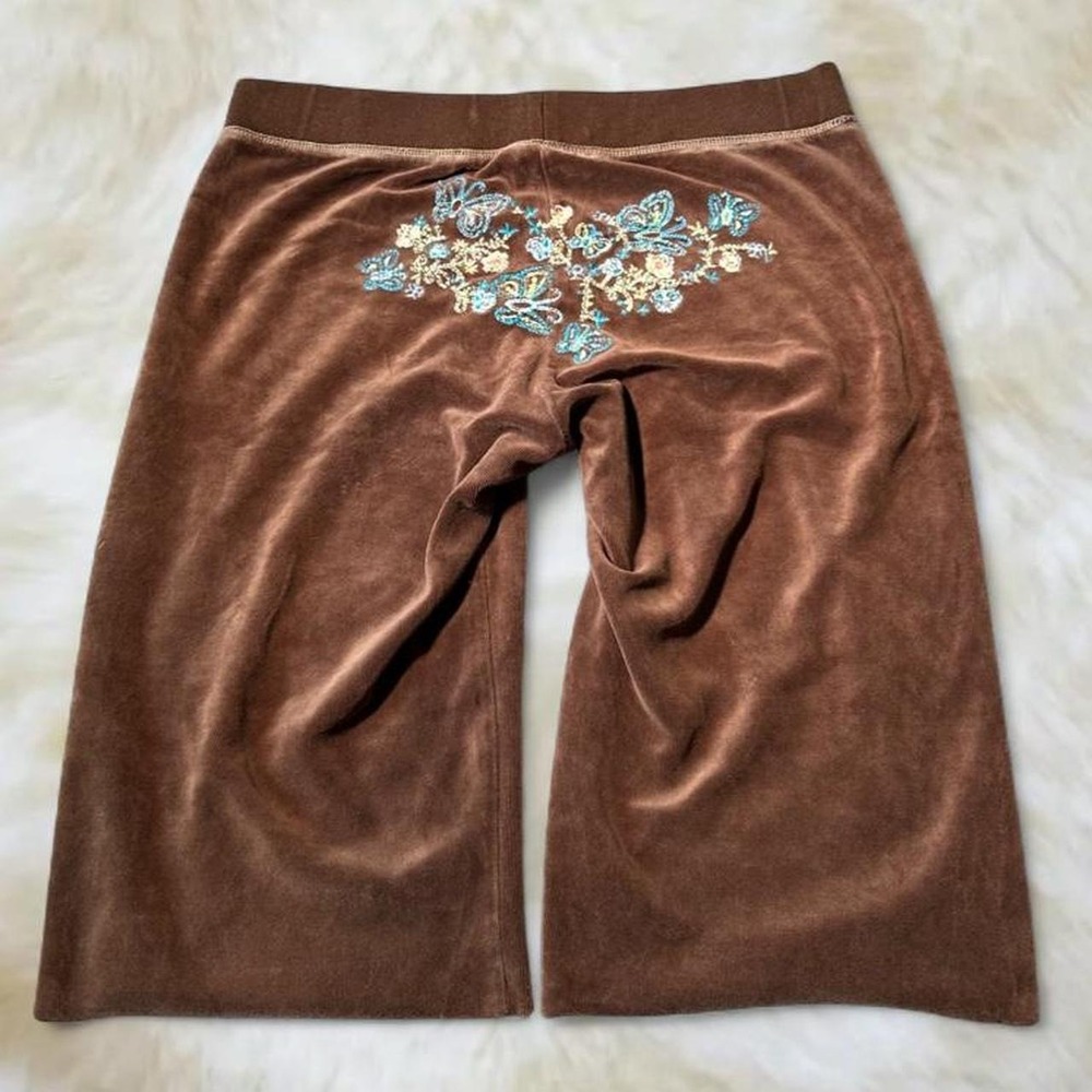 LA Kitty Brown Velour Embroidered Floral Low Rise Capri Pants Y2K XL Medium